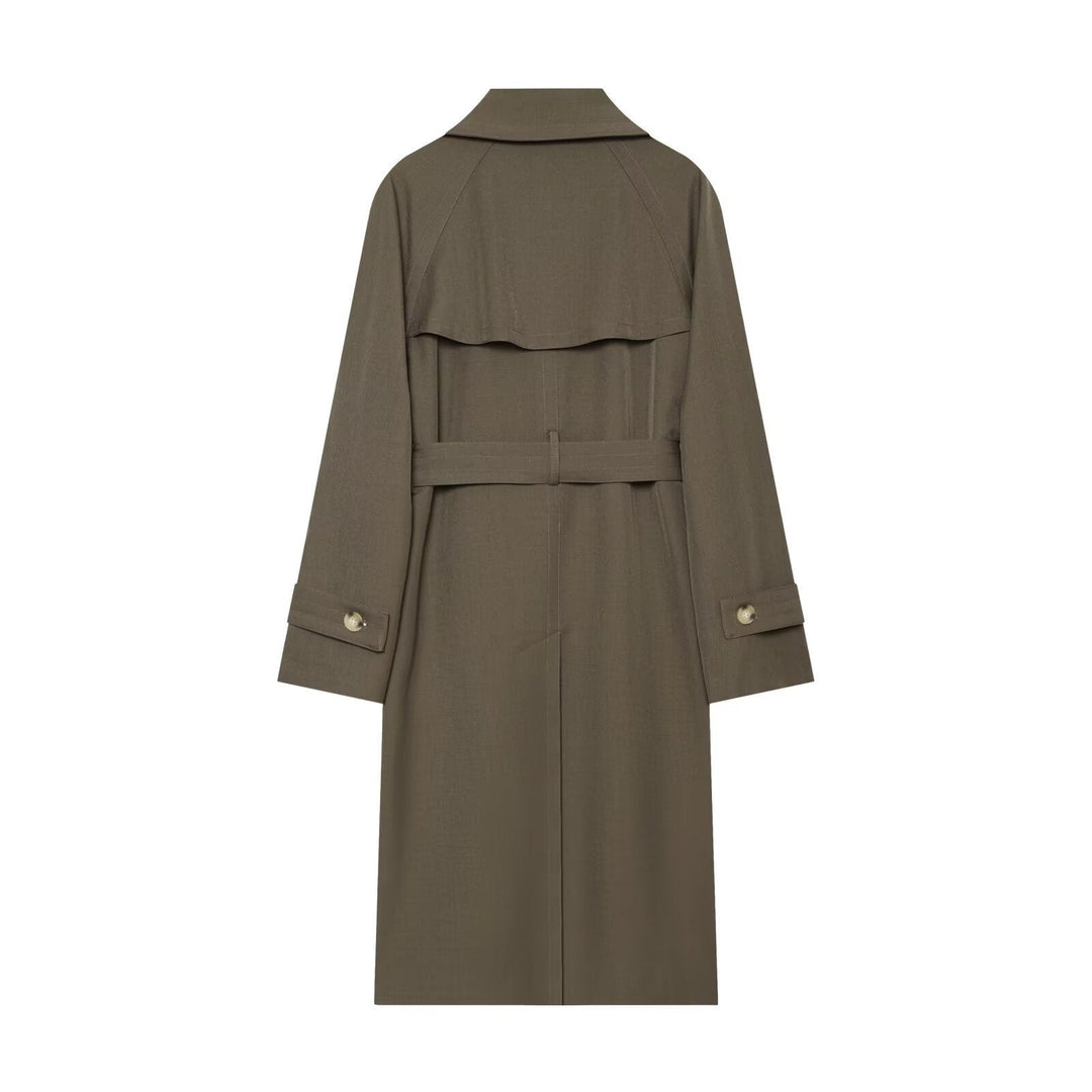 Dam lång double-breasted trenchcoat med knytband och raglan ärmar