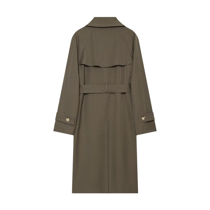 Dam lång double-breasted trenchcoat med knytband och raglan ärmar