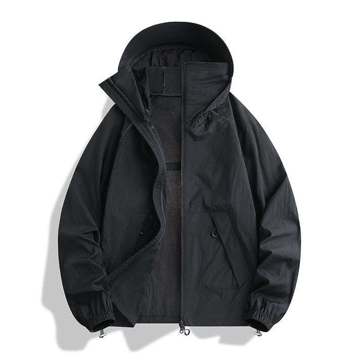 Herr Lätt Wind och Water-Resistant med Huva Övergångsjacka med Adjustable Fåll Dragsko och Tvåvägsdragkedja