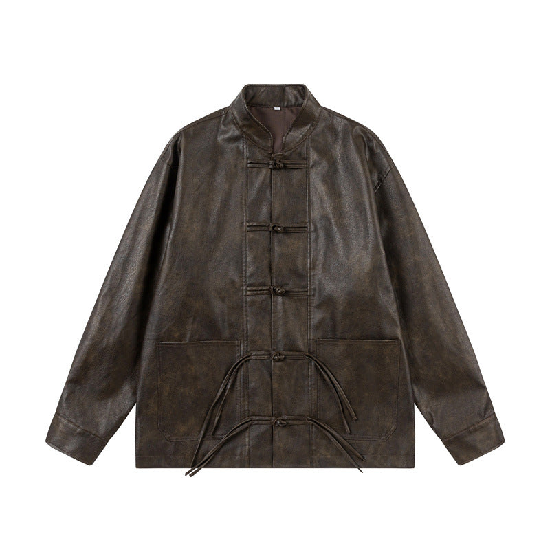 Unisex Asian Inspired Oversized Jacka med Mandarinkrage och Knot Stängningar