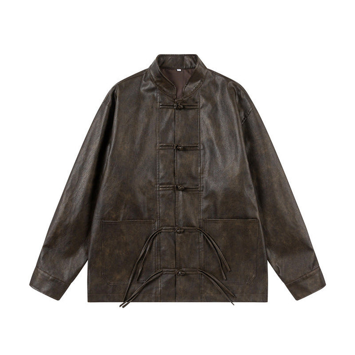 Unisex Asian Inspired Oversized Jacka med Mandarinkrage och Knot Stängningar