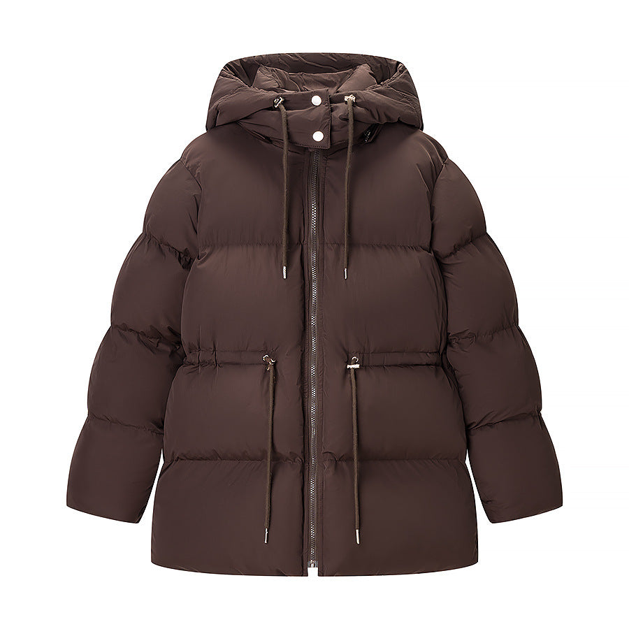 Dam längre vadderad parka med huva, dragsko midja och oversize silhuett
