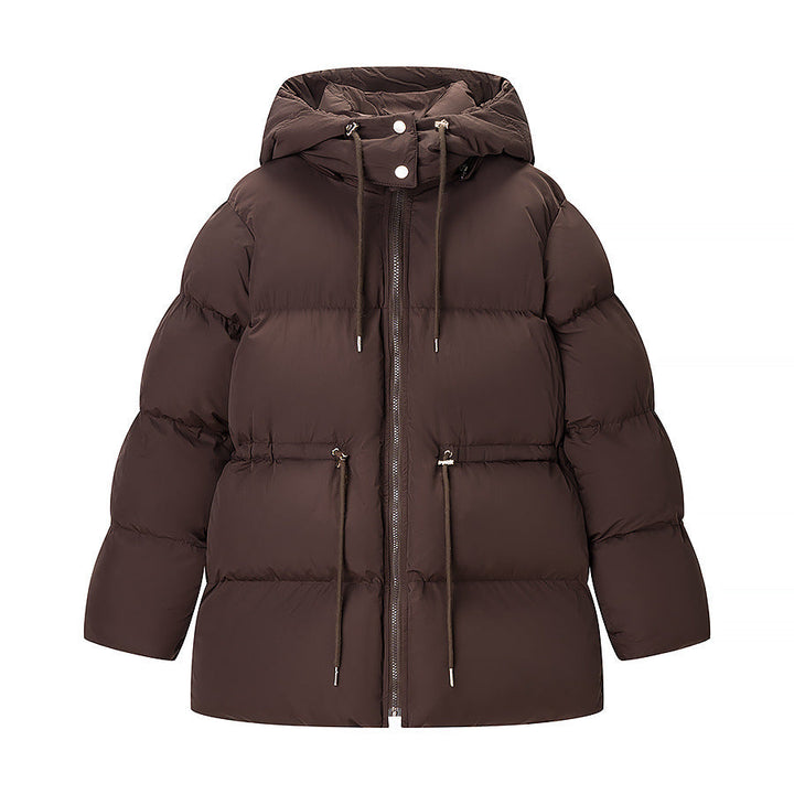 Dam längre vadderad parka med huva, dragsko midja och oversize silhuett