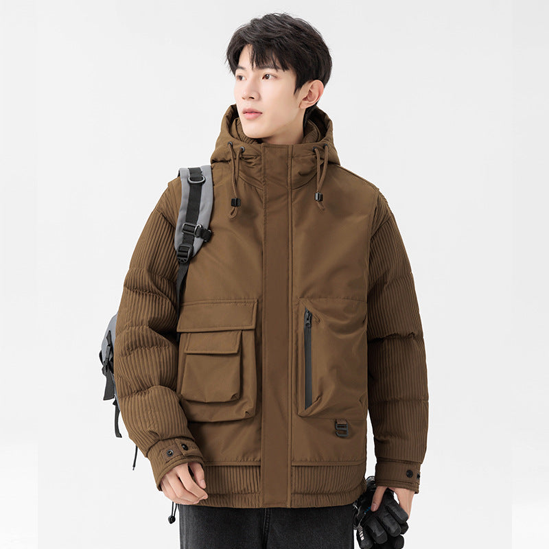 Herr Vadderad Winterjacke med Huva, Quiltad Ärmel och Cargo-Taschen
