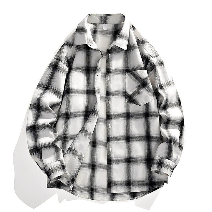 Herr Oversized Rutig Flannel Skjortjacka med Breast Ficka och Rundad Fåll