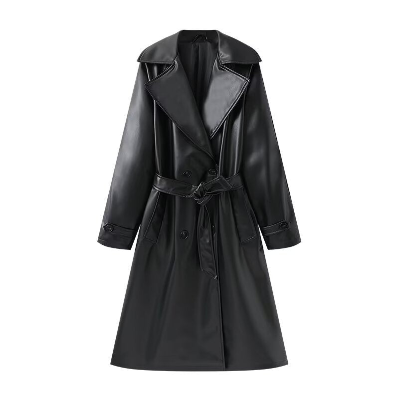 Dam Lång Shiny Trenchcoat Övergångsjacka i Läder Look med Midjebälte