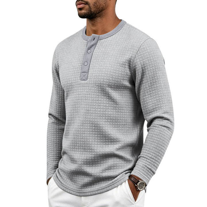 Herr Strukturerad Waffle Termisk Skjorta med Henley Knapplist och Rounded Fåll