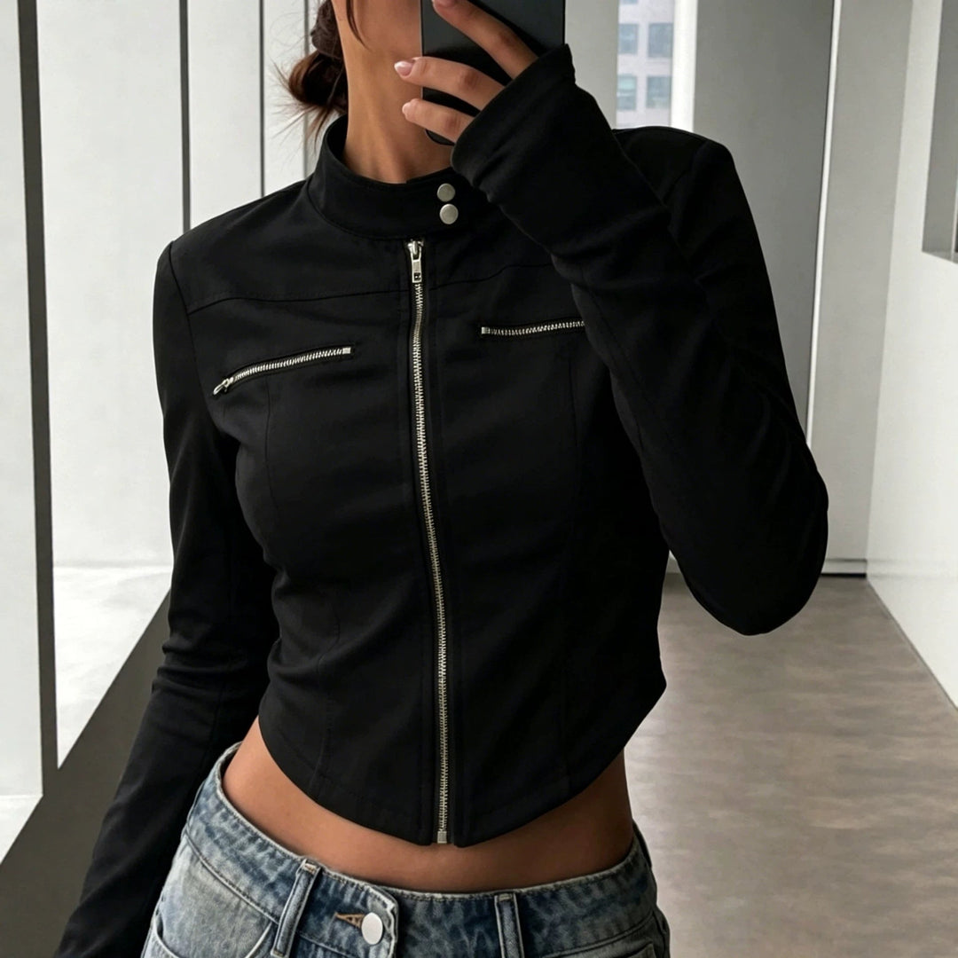 Dam figursydd Bonded Canvas bikerjacka med ståkrage och Chest Zippers
