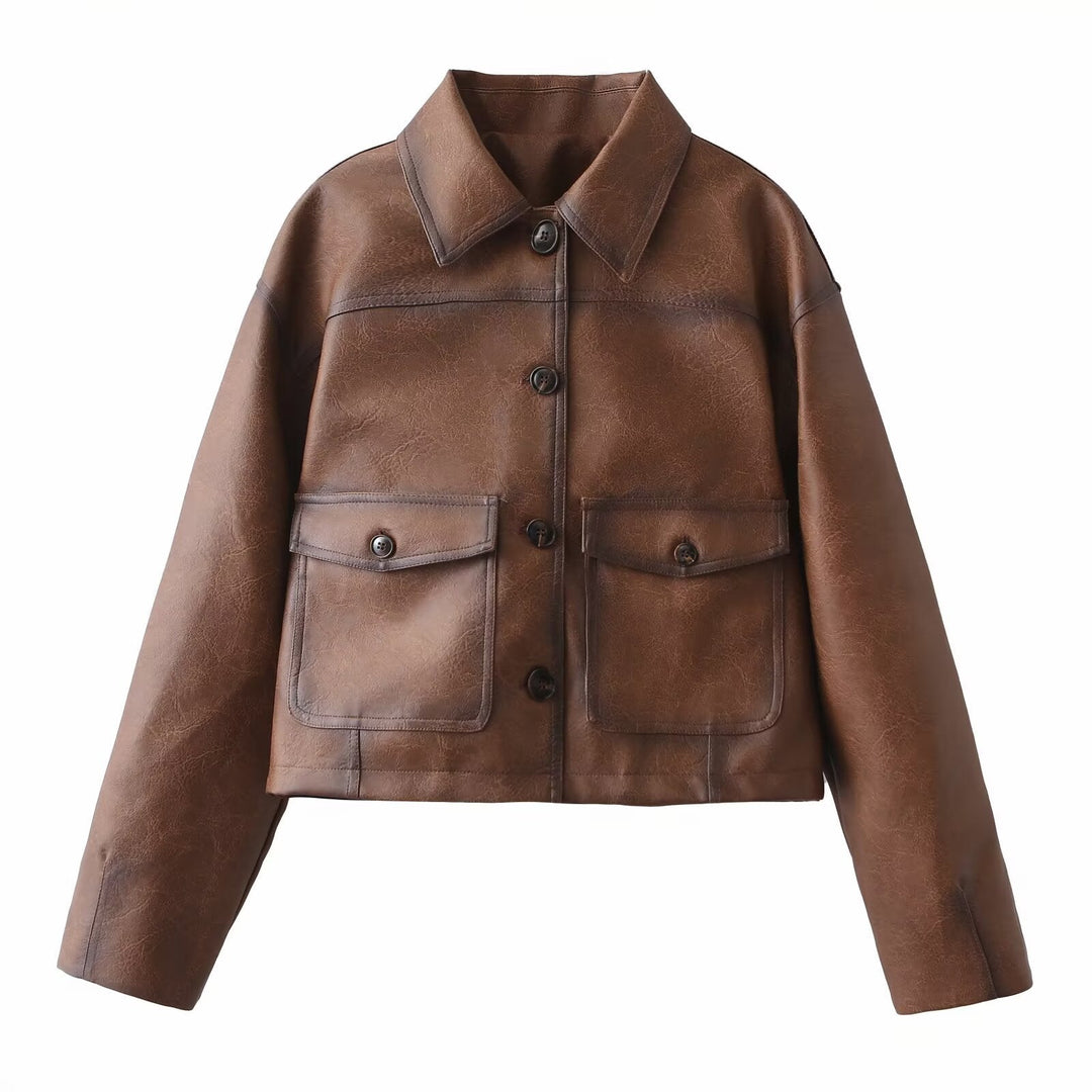 Dam Kort Oversized Konstläder Jacka med Skjortkrage och Lockfickor
