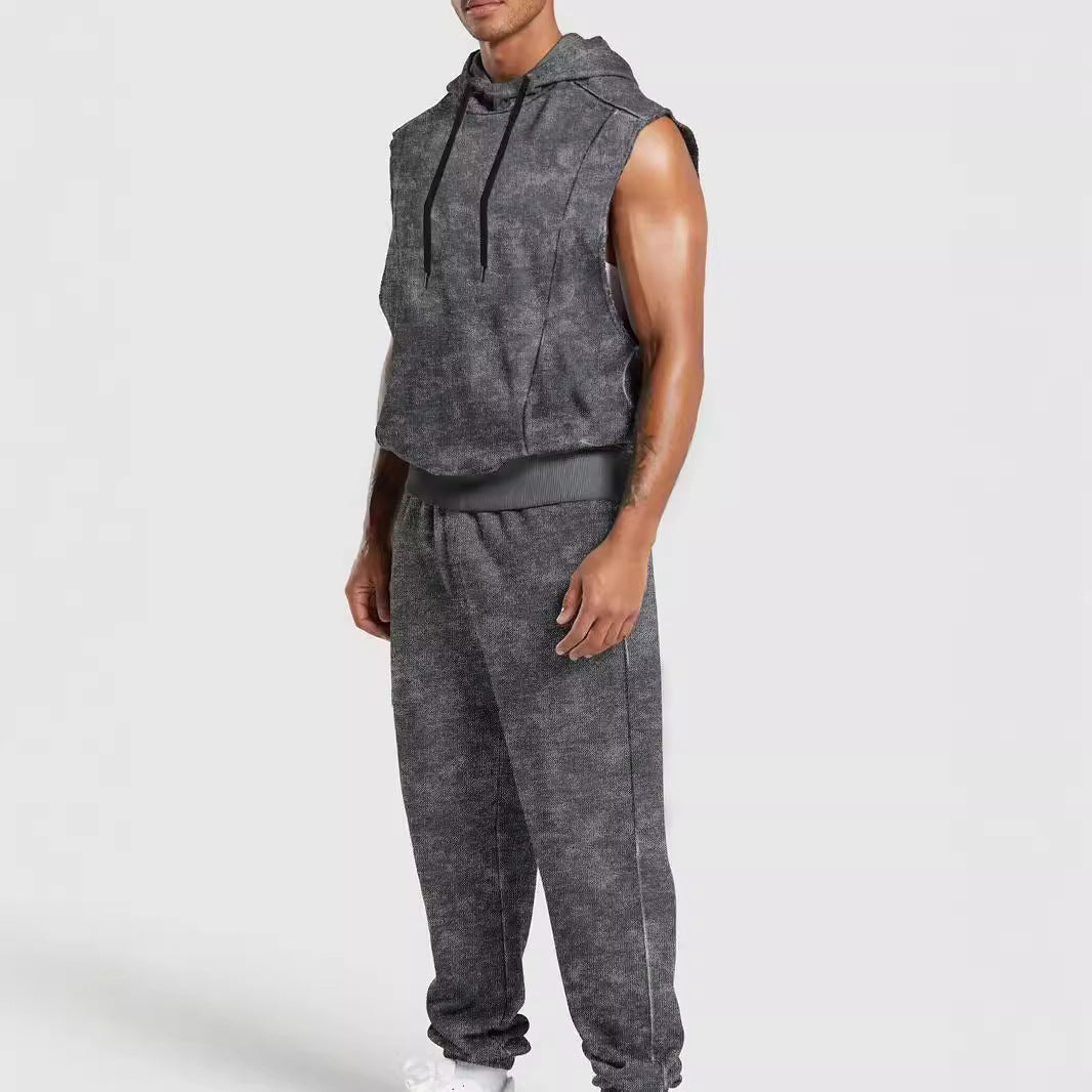 Herr Sleeveless med Huva Sweat Set i Velour Look med Elastic Joggingbyxor och Ribbstickade Muddar