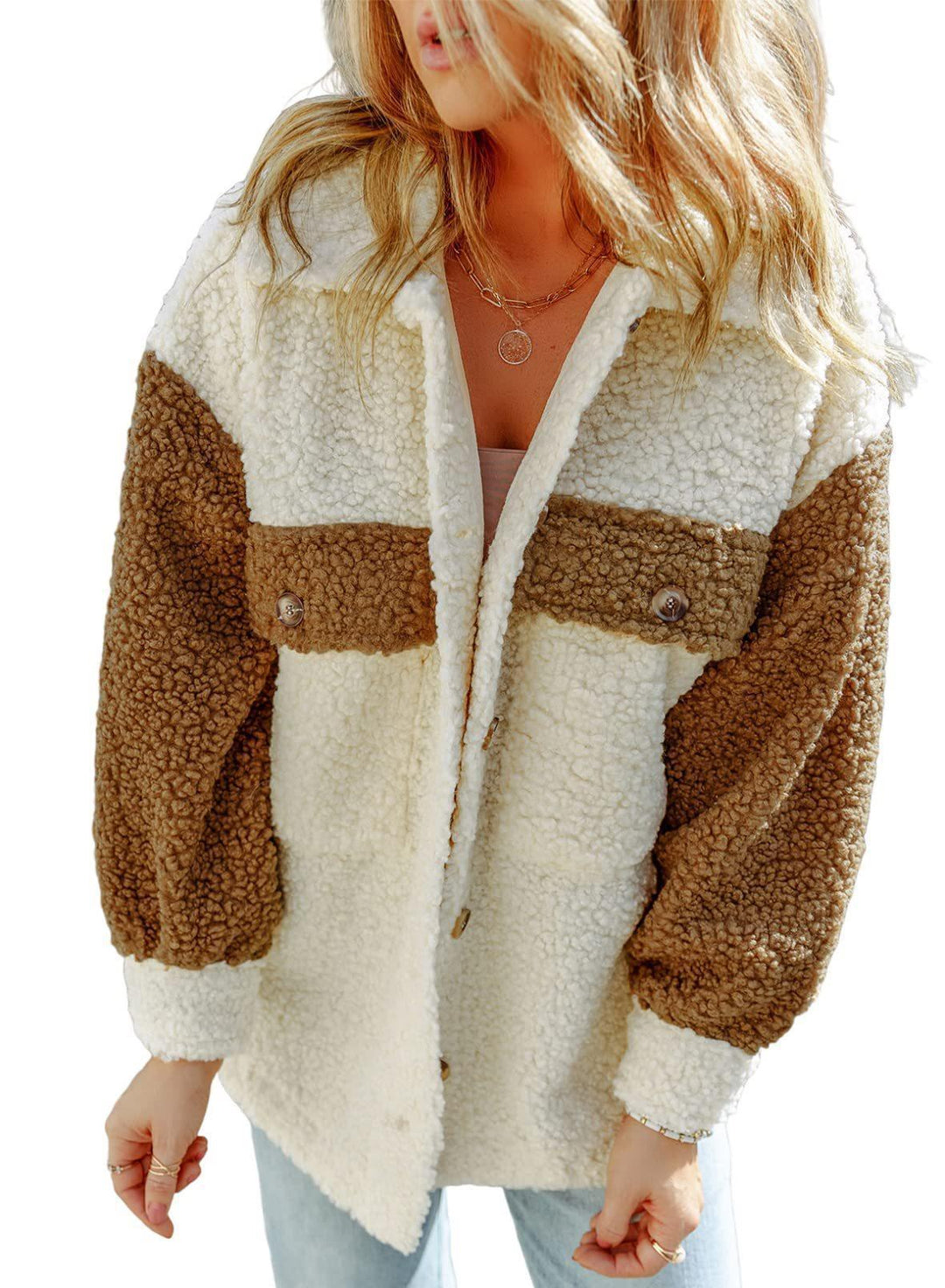 Dam oversized Teddy shirt jacka med kontrast stripes, applied bröstfickor och visible knäppning