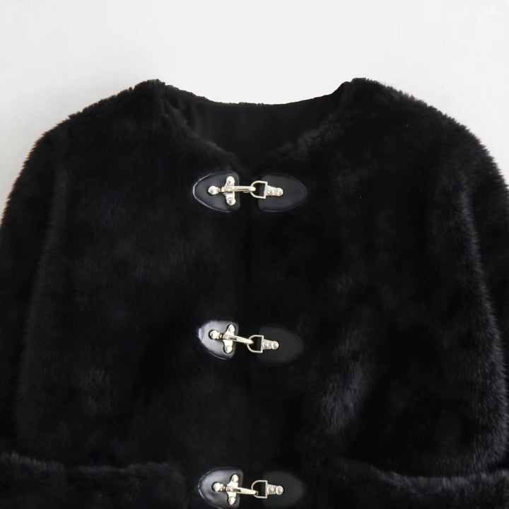 Dam Kort Teddy Jacka med Toggle Stängning och Patch Fickor