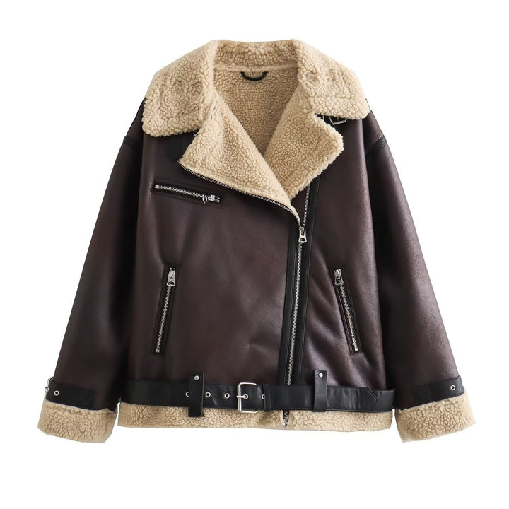 Dam aviator jacka in biker stil med teddyfoder, konstläder trim och midjebälte