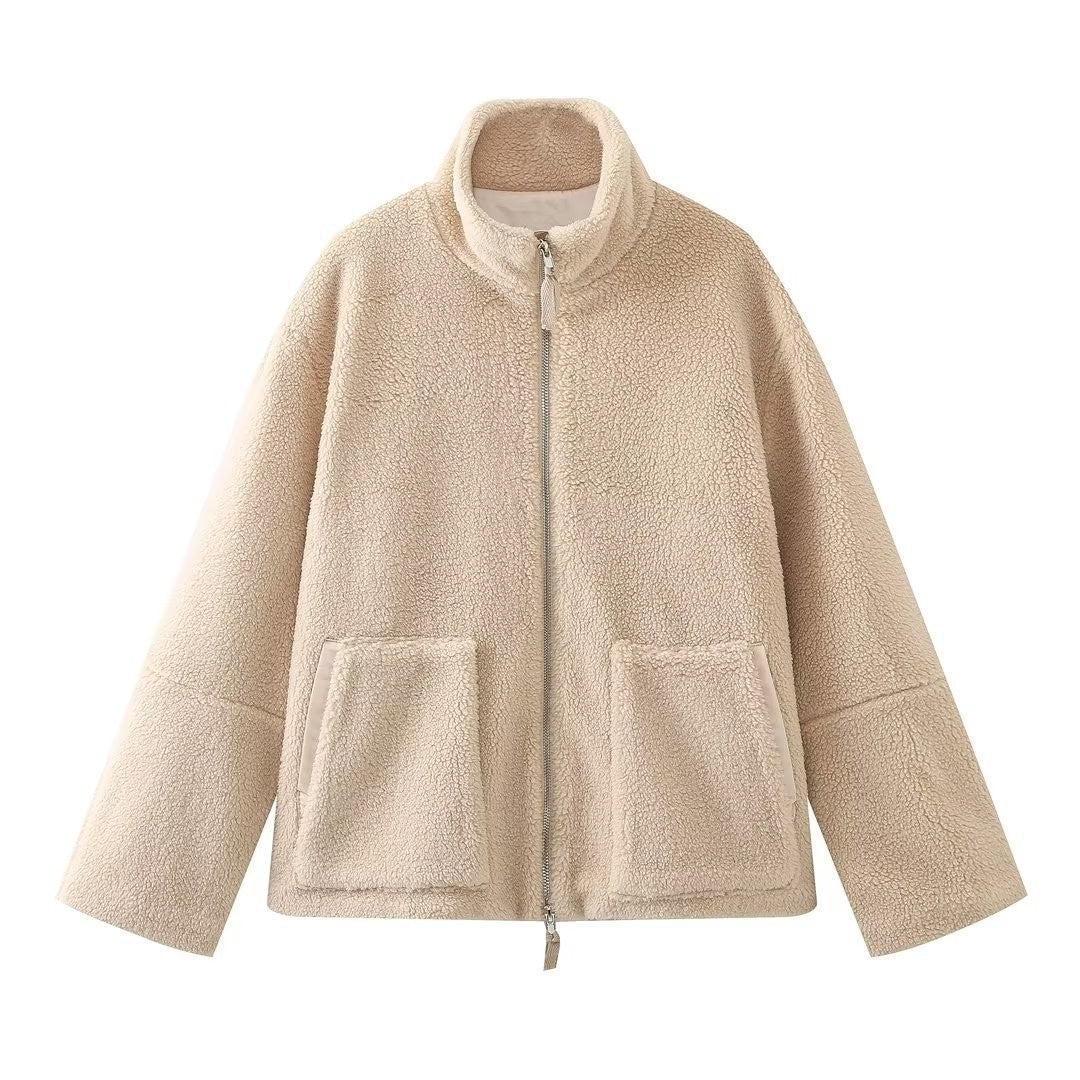Dam Teddyfleecejacka med Stå Krage och Läder-Look Details