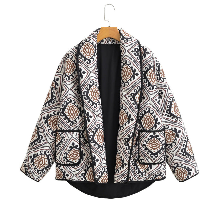 Dam kviltad Kimono jacka med Ethno tryck, kontrast Piping och utanpåfickor