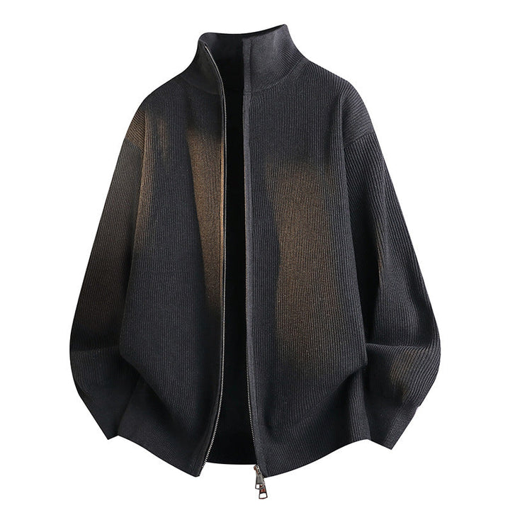 Unisex Oversize Stickad Dragkedja Jacka med Stå Krage, Ribbed Texture &amp; Two-Way Dragkedja
