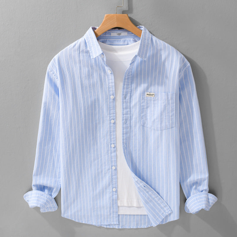 Herr Randig Layering Overshirt Tillverkad av Mjuk Bomullsblandning med A Kent Krage och Utanpå Bröstficka
