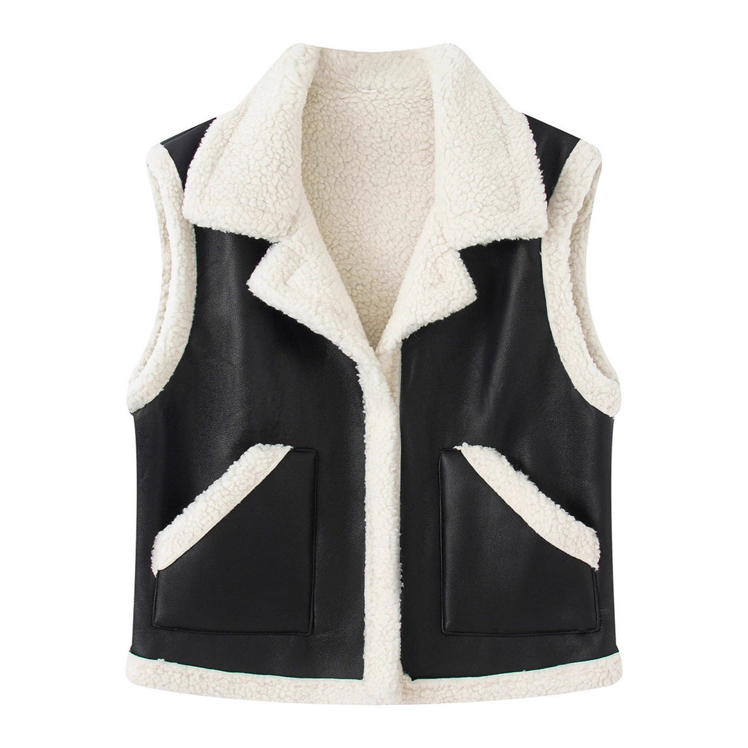 Dam ärmlös Lambskin look väst med Notched krage och utanpåfickor