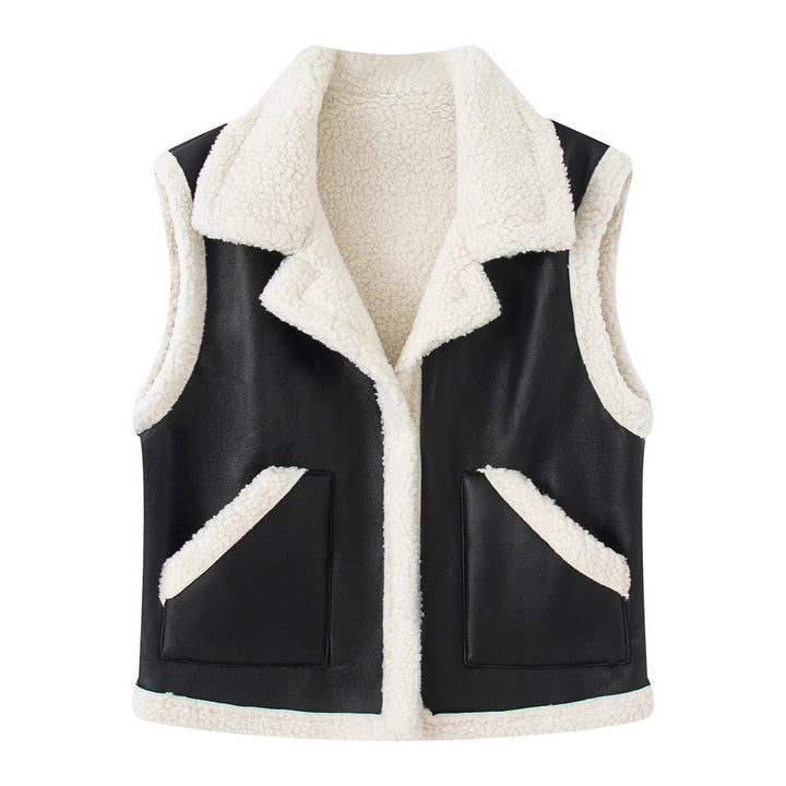Dam ärmlös Lambskin look väst med Notched krage och utanpåfickor