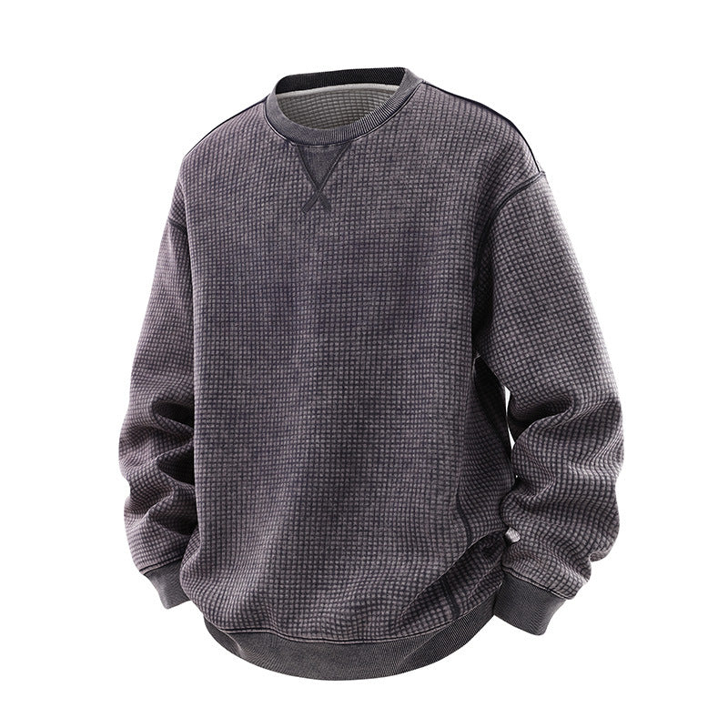 Herr Oversized Waffle Structure College-Tröja med Crew Neck och Ribbstickade Muddar