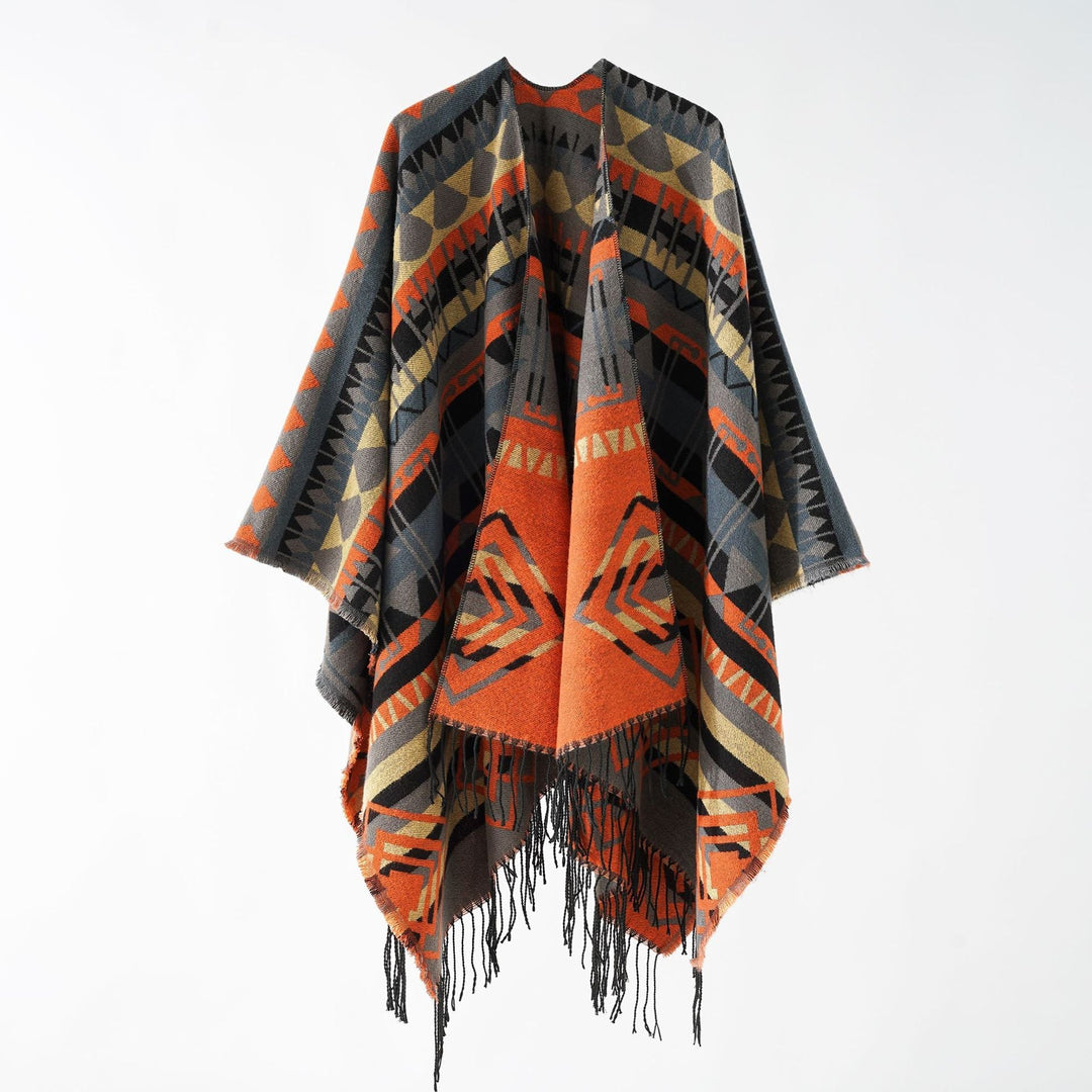 Dam Woven Fringe poncho med Ethno-Jacquard och oversized Drop