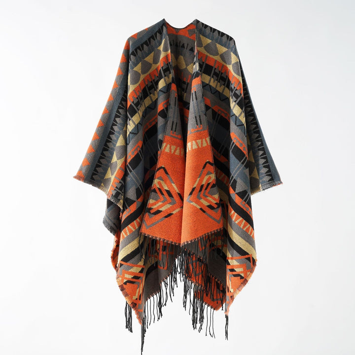 Dam Woven Fringe poncho med Ethno-Jacquard och oversized Drop