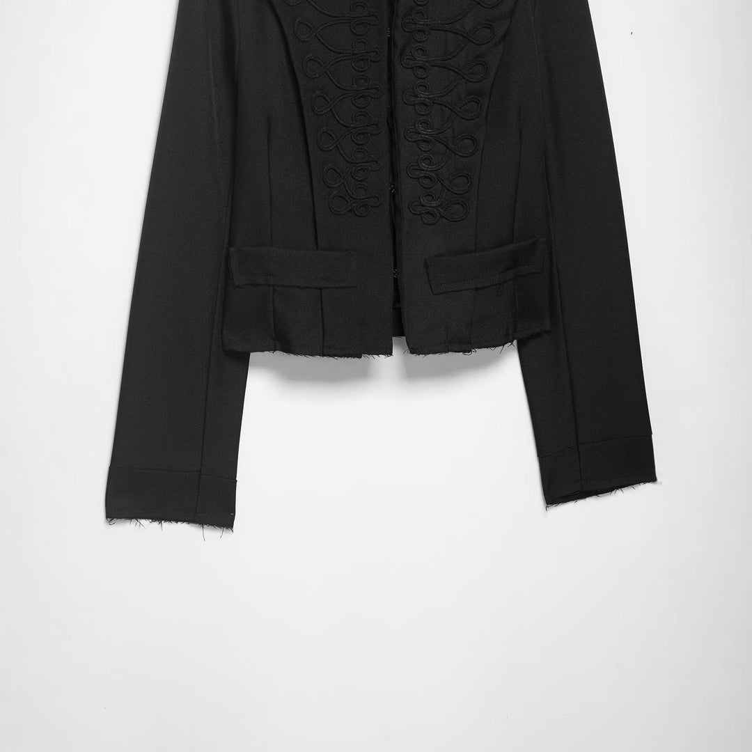 Dam Kort Military Blazer med Stå Krage, Dekorativ Loops och Fringed Nederkant
