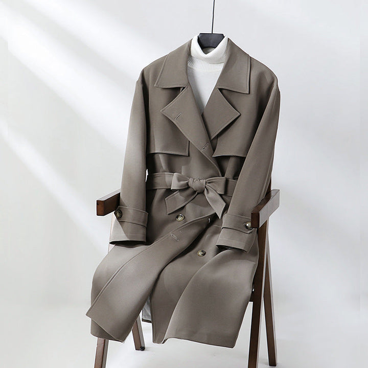 Dam lång skräddad trenchcoat med vid Shawl krage och knytband