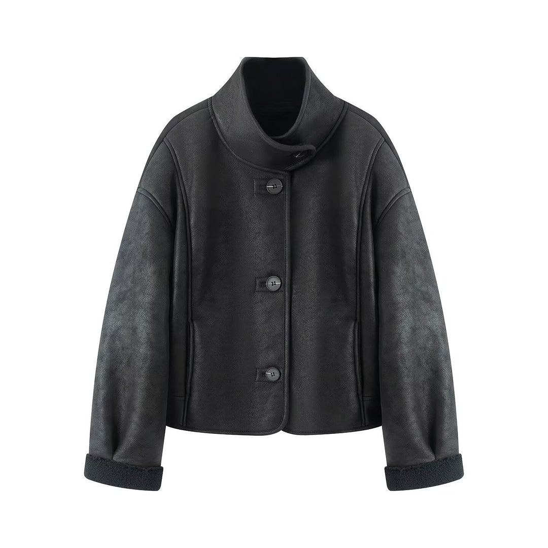 Dam Kort-Skärning Artificial Lambskin Jacka med Ståkrage, Knapp Stängning, och Foldable Faux-Fur Muddar