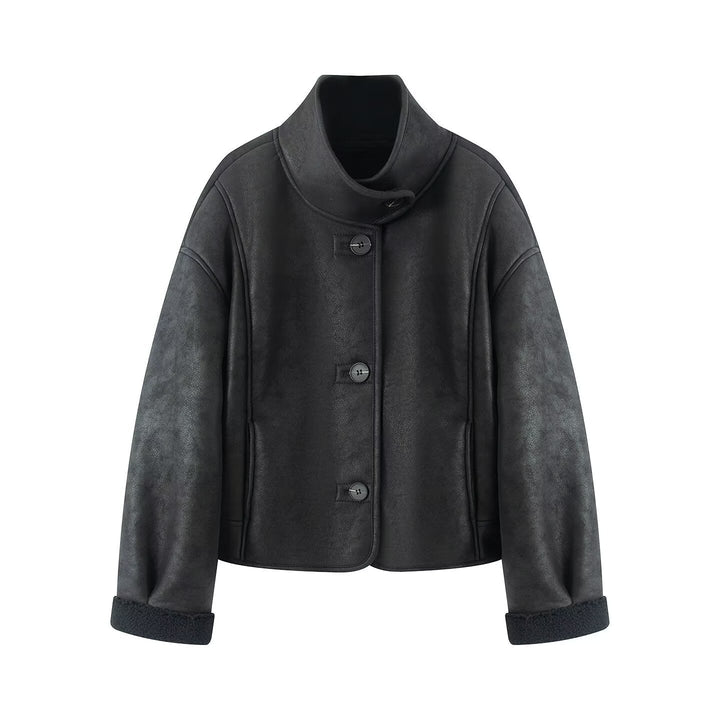 Dam Kort-Skärning Artificial Lambskin Jacka med Ståkrage, Knapp Stängning, och Foldable Faux-Fur Muddar