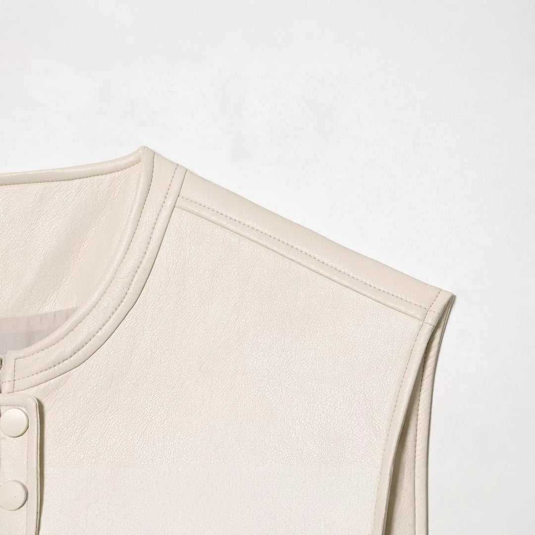 Dam Sleeveless Jacka i Läderlook med Stå Krage och Tailored Passform