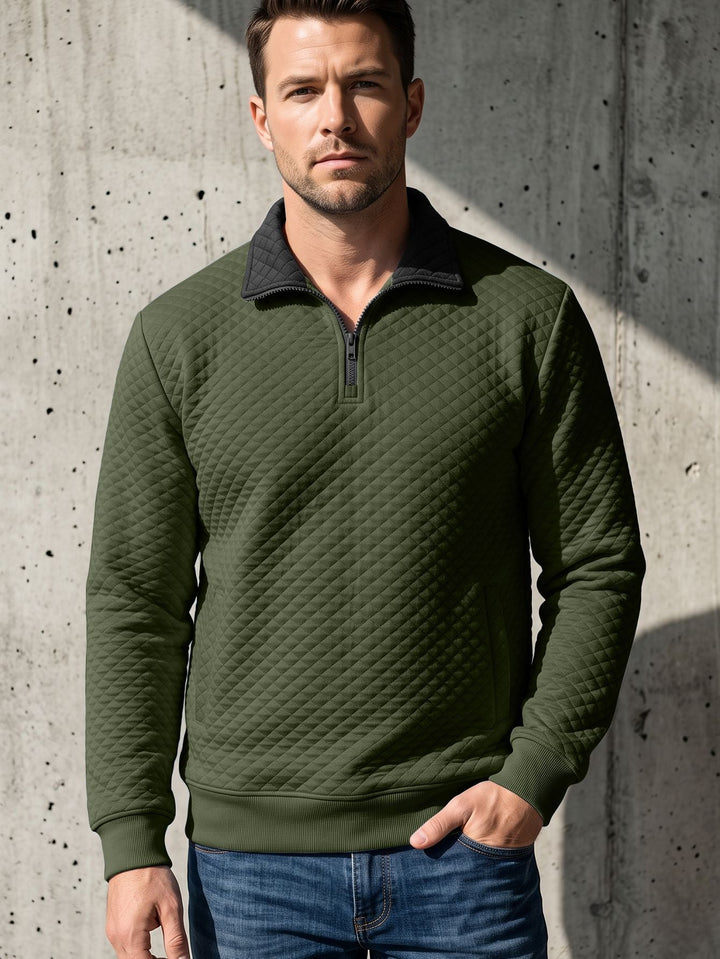 Herr Quiltad Pullover med Troyer Krage och Halv Dragkedja