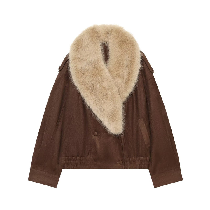 Dam Kort Velour Jacka med Avtagbar XXL Shawl Krage