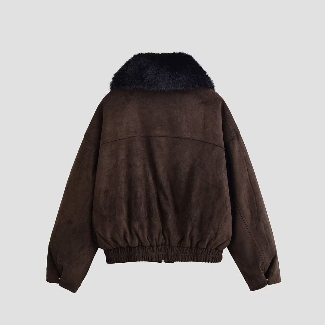 Dam Oversized Aviator Jacka Gjord av Mocka Läder Imitation med Stor Konstpäls Krage