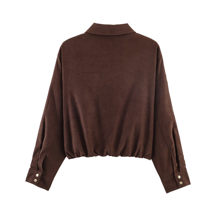 Dam kort skuren mocka look bomber jacka med dragkedja, elastic fåll och diagonal sidofickor