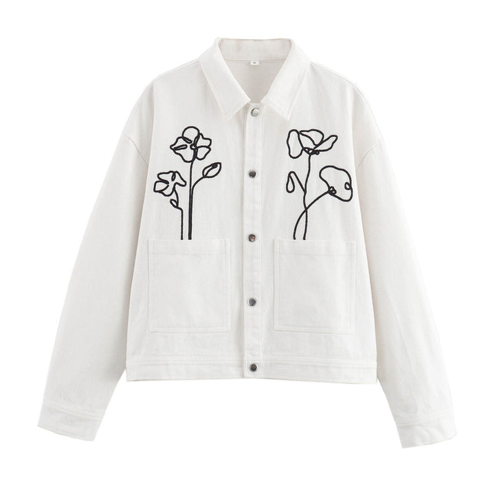 Dam oversized jeans jacka med floral line embroidery och påsydda fickor