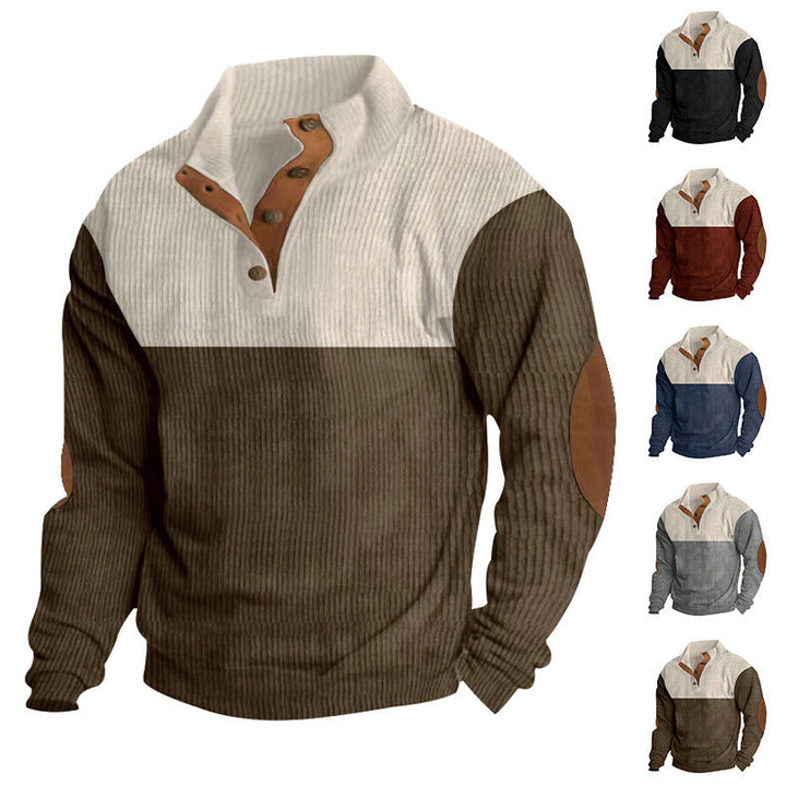 Herr Ribbad Halvkrage Henley Tröja med Knapplist och Läder Elbow Lappar