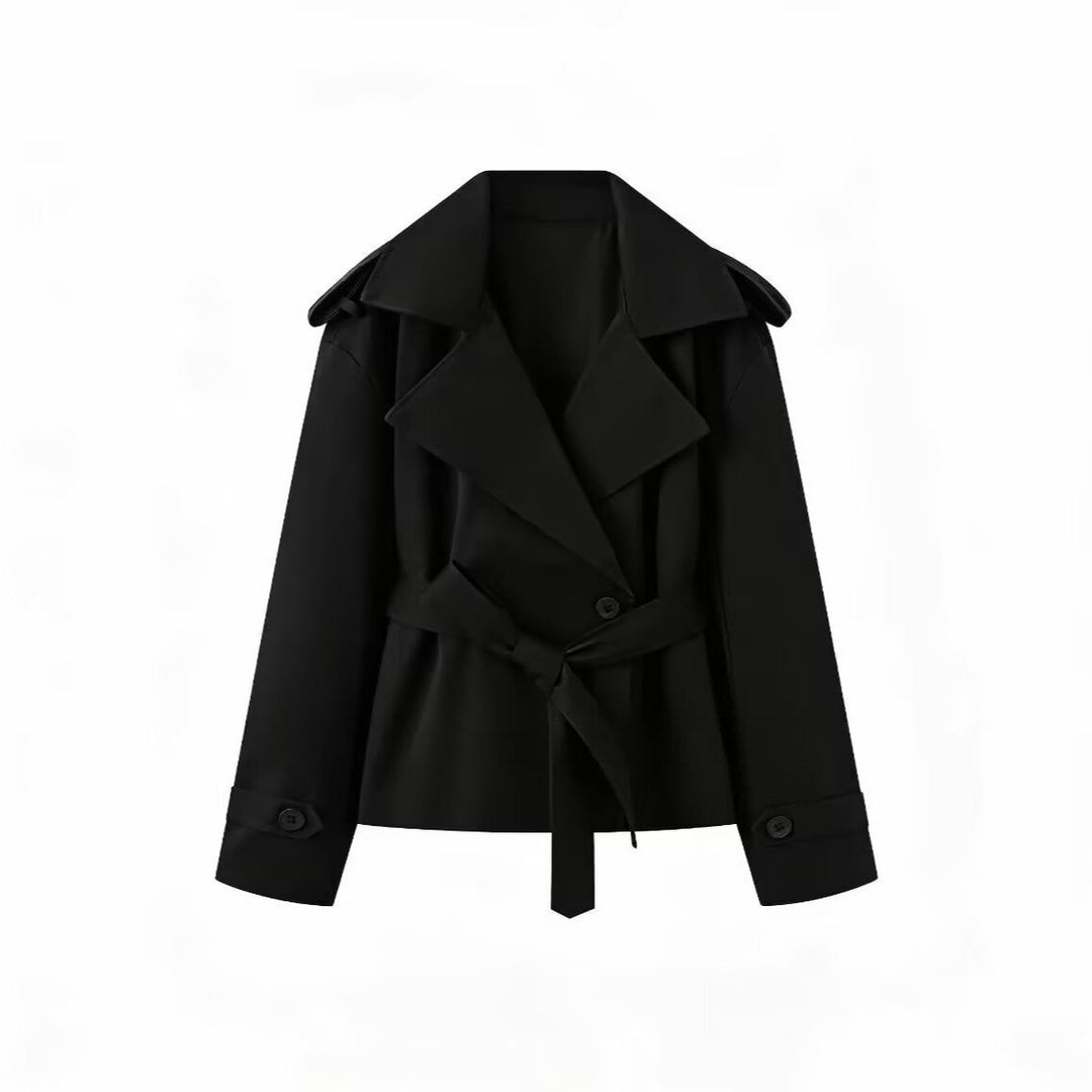 Dam Kort Trenchcoat med Wide Shawl Krage och Waist Tie Belt