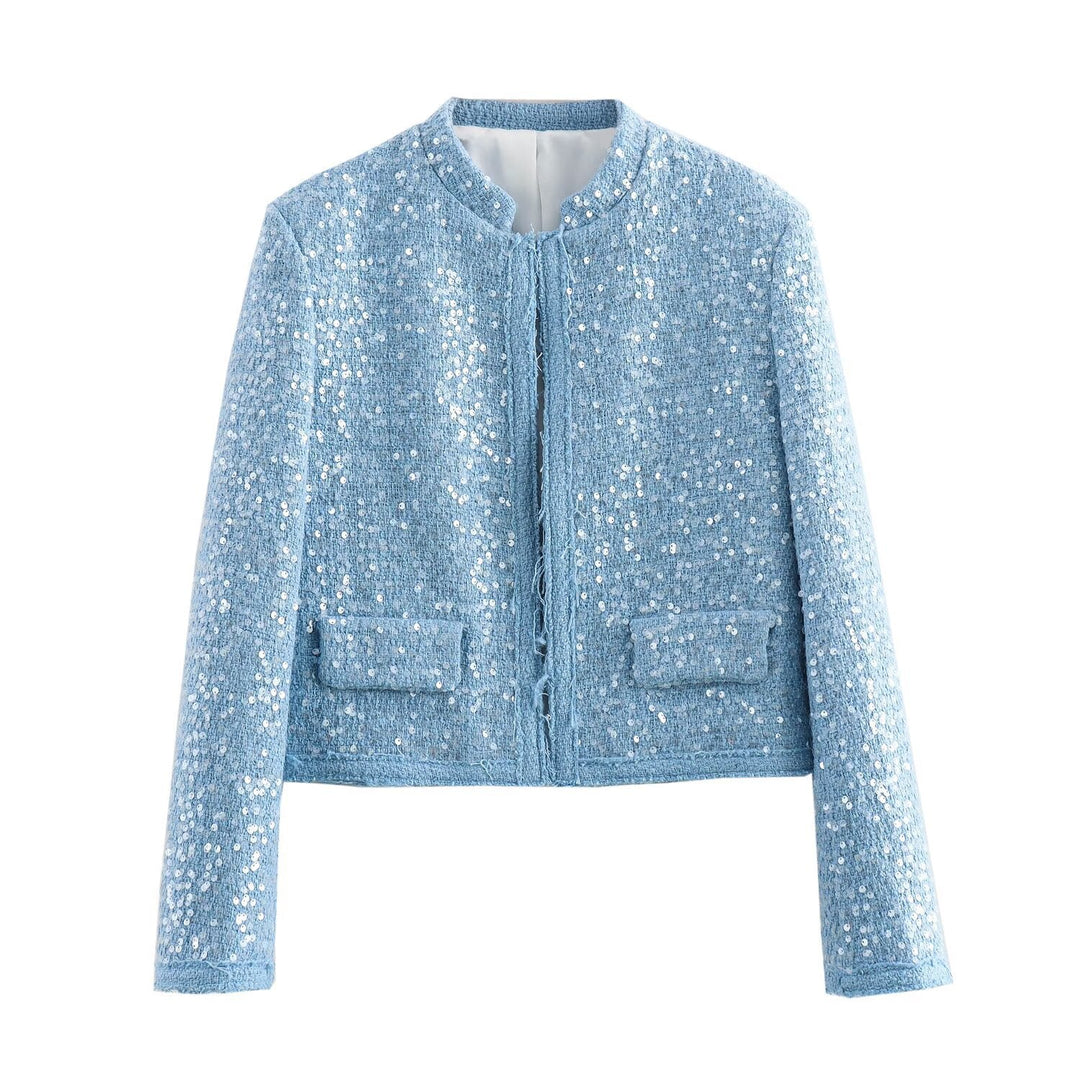 Dam Kort Kort Boucle Tweed Jacka med Sequin Kant och Lockfickor