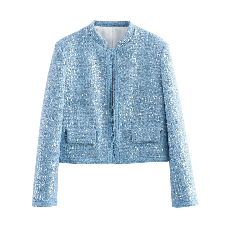 Dam Kort Kort Boucle Tweed Jacka med Sequin Kant och Lockfickor
