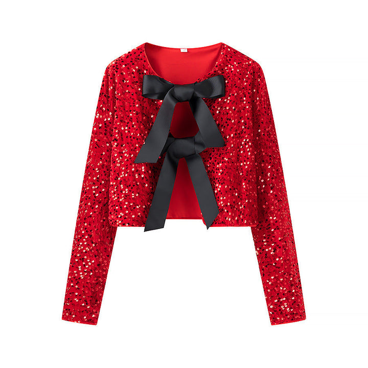 Dam sparkling cropped bolero jacka med sequin kant och decorative satin bows
