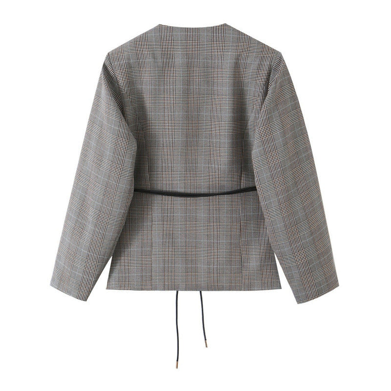 Dam Tailored Box Blazer Jacka i Glencheck med V-Neck och Cord Tie Belt