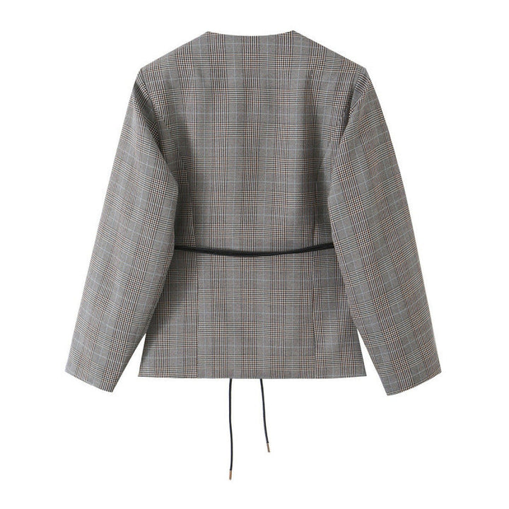 Dam Tailored Box Blazer Jacka i Glencheck med V-Neck och Cord Tie Belt