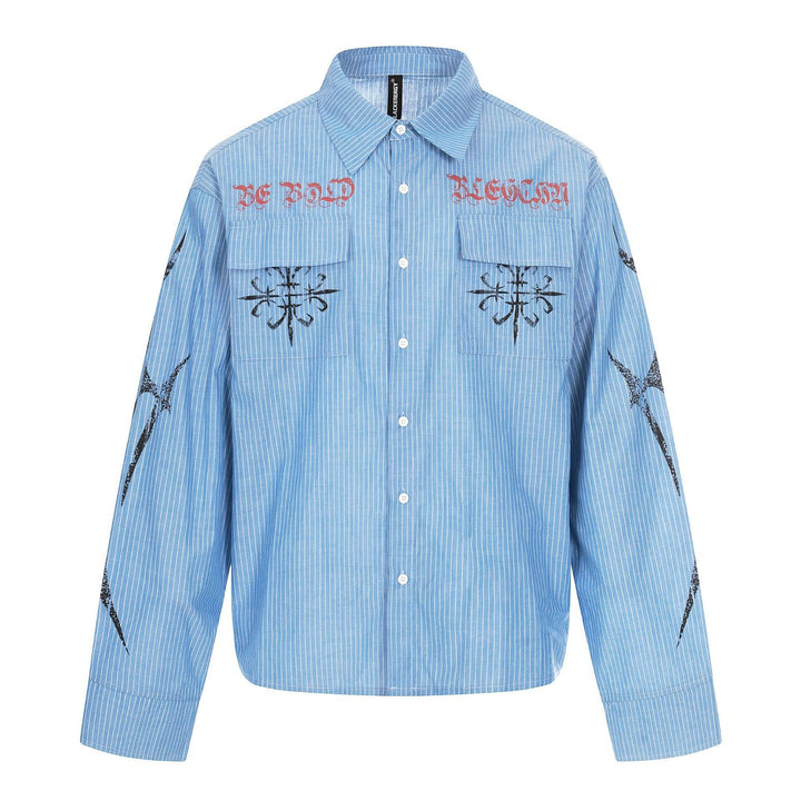 Unisex Oversized Skjorta Jacka med Lapp Bröst Fickor och Decorative Tryck Detaljer