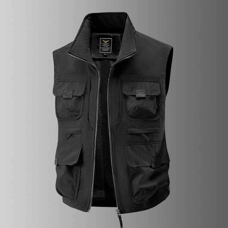 Herr Multi-Pocket Utility Väst med Hög Krage, Dragkedja och Mesh Foder