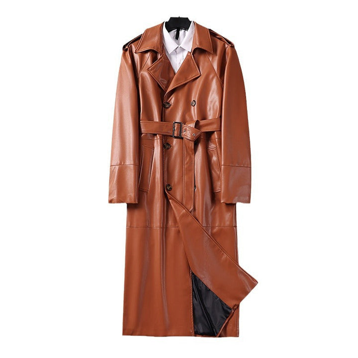 Herr Lång Läderimitation Trench Kappa med Dubbel Breasted, Belted Midja och Axelklaffar