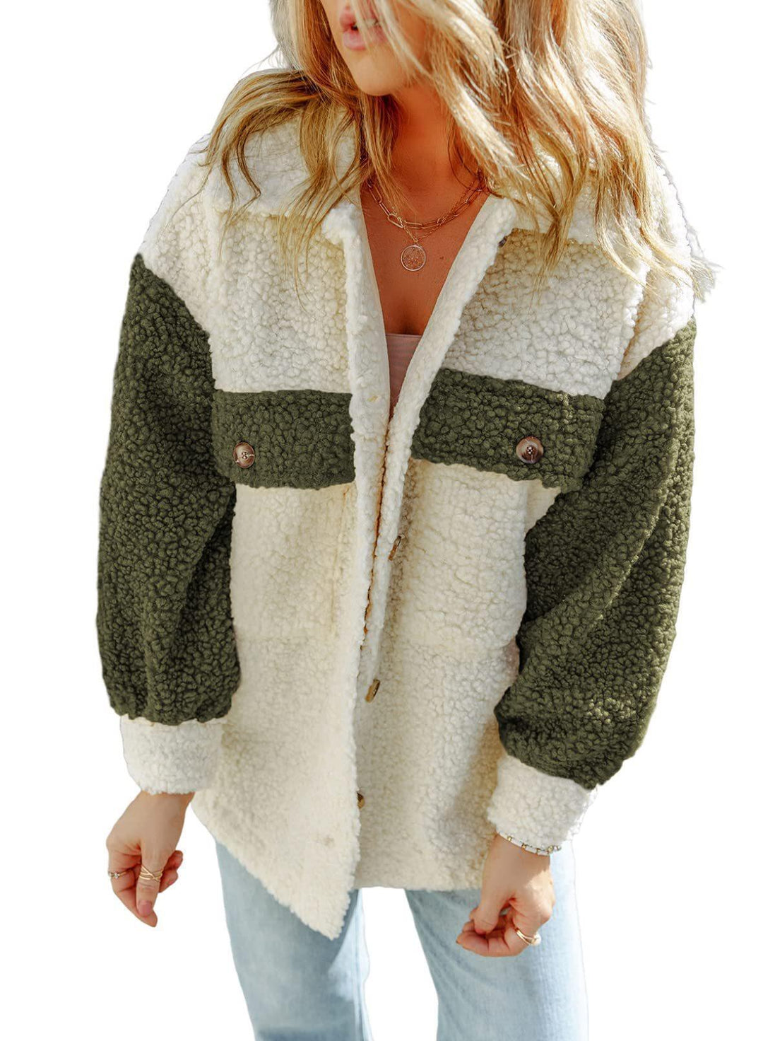 Dam oversized Teddy shirt jacka med kontrast stripes, applied bröstfickor och visible knäppning