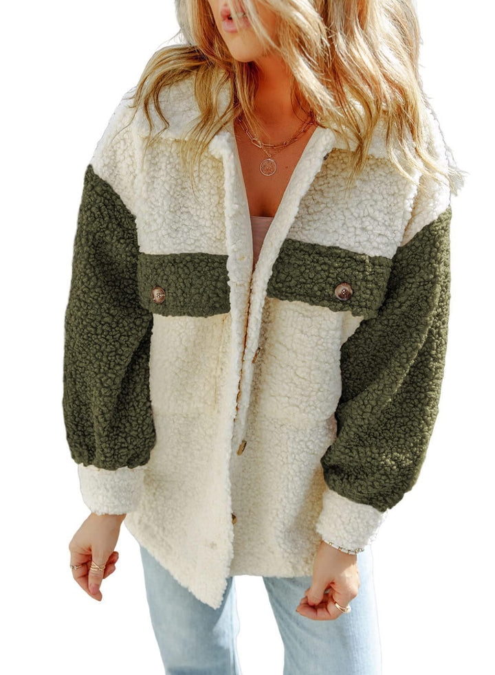 Dam oversized Teddy shirt jacka med kontrast stripes, applied bröstfickor och visible knäppning