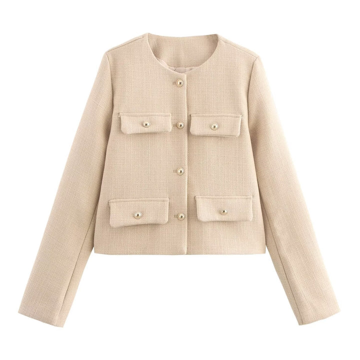 Dam kort Boucle blazer jacka med Round Neck, dekorativ ficka Flaps, och Gold-Colored knappar