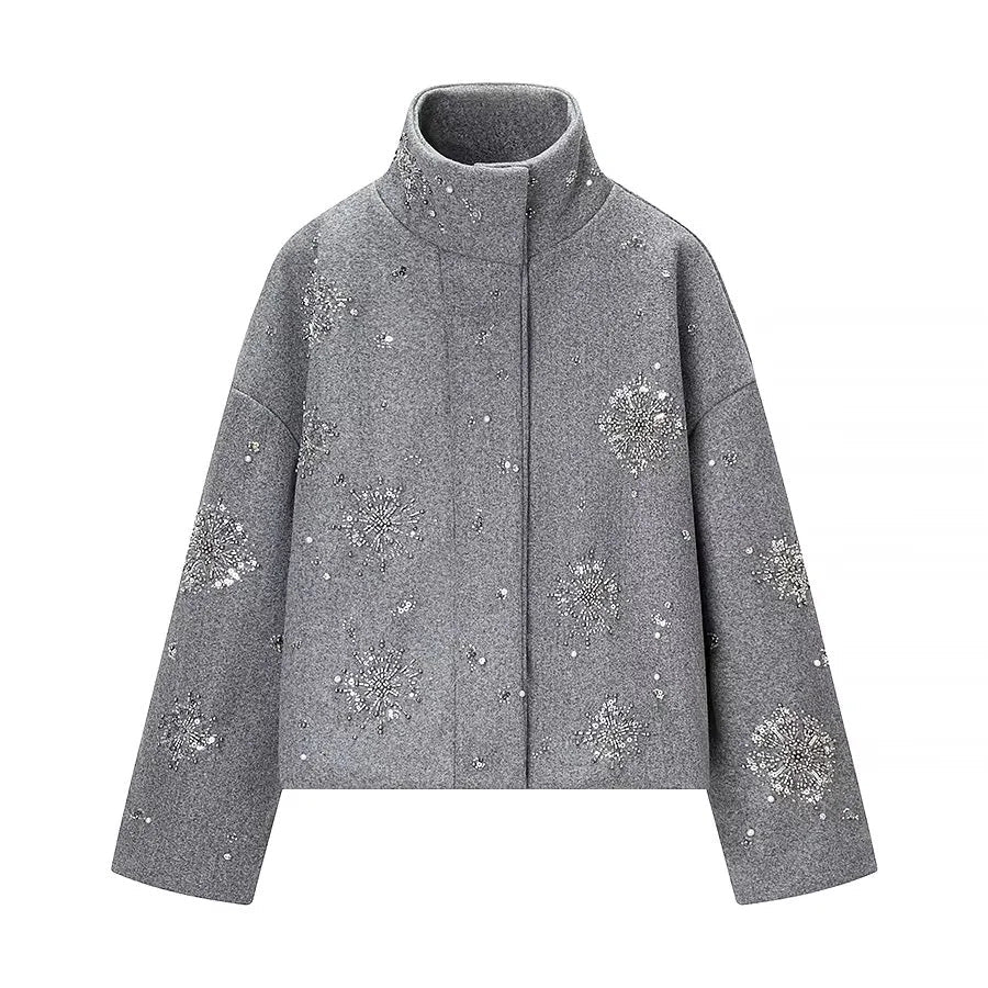 Dam boxy kort jacka med high ståkrage och sparkling bead och sequin embroidery